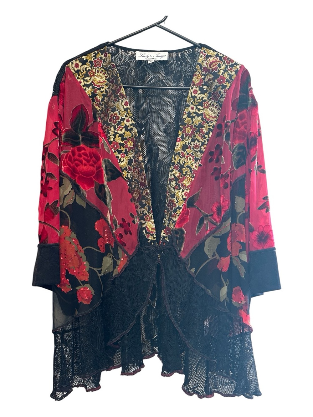 Vintage 90s/Y2K Lady’s Image Red & Black Floral Velvet Lace Kimono Cardigan 3X